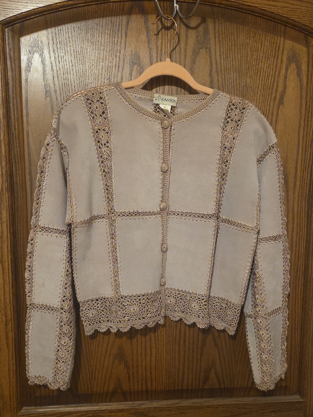 Vintage Gantos Leather And Crochet-Trim Button Cardigan